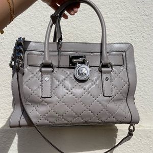 Michael Kors Microstud Hamilton Quilted Leather East West EW Pearl Grey Satchel